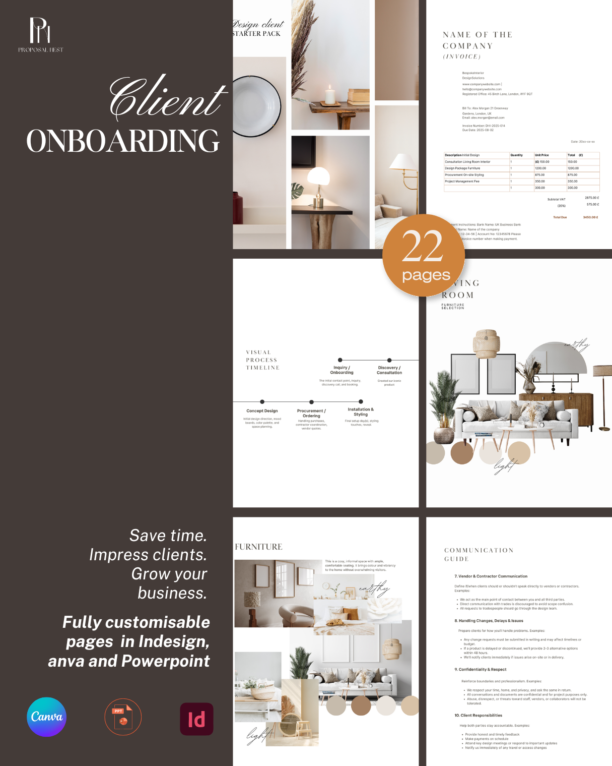 Collage of client onboarding materials with text and images of interior design.