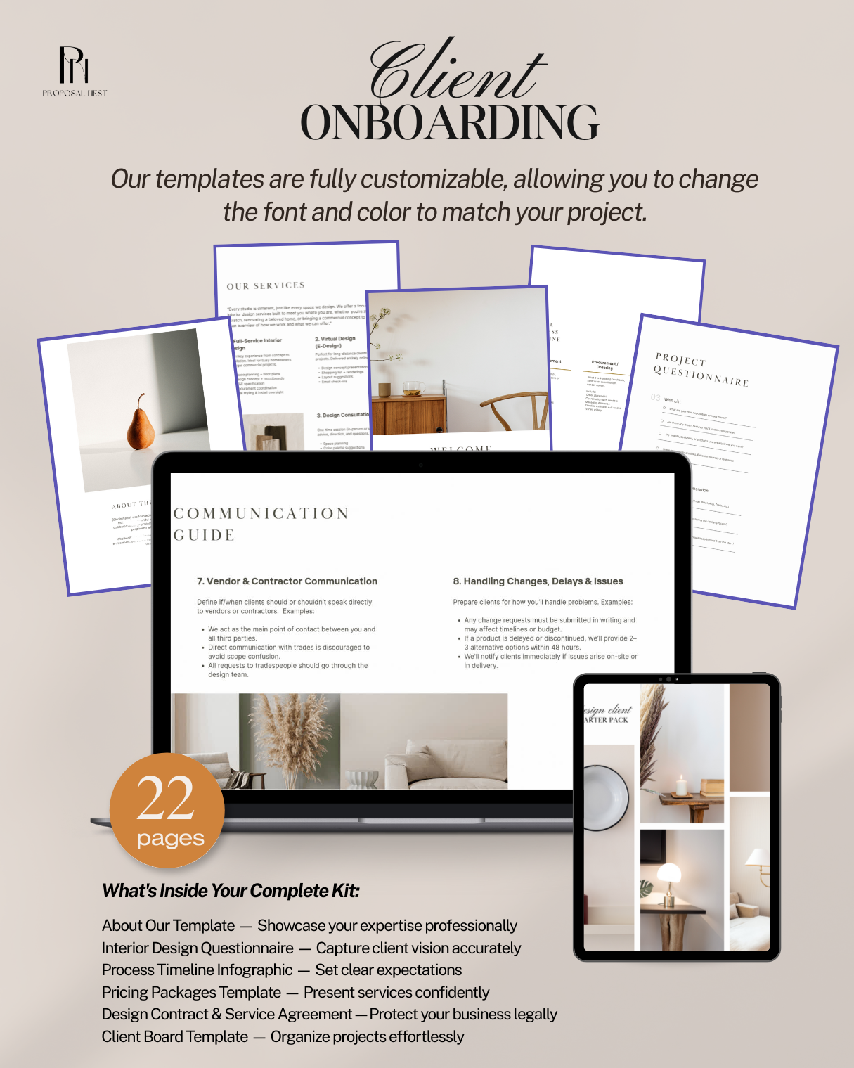 Interior design client onboarding templates with a laptop and tablet displaying templates - ProposalNest