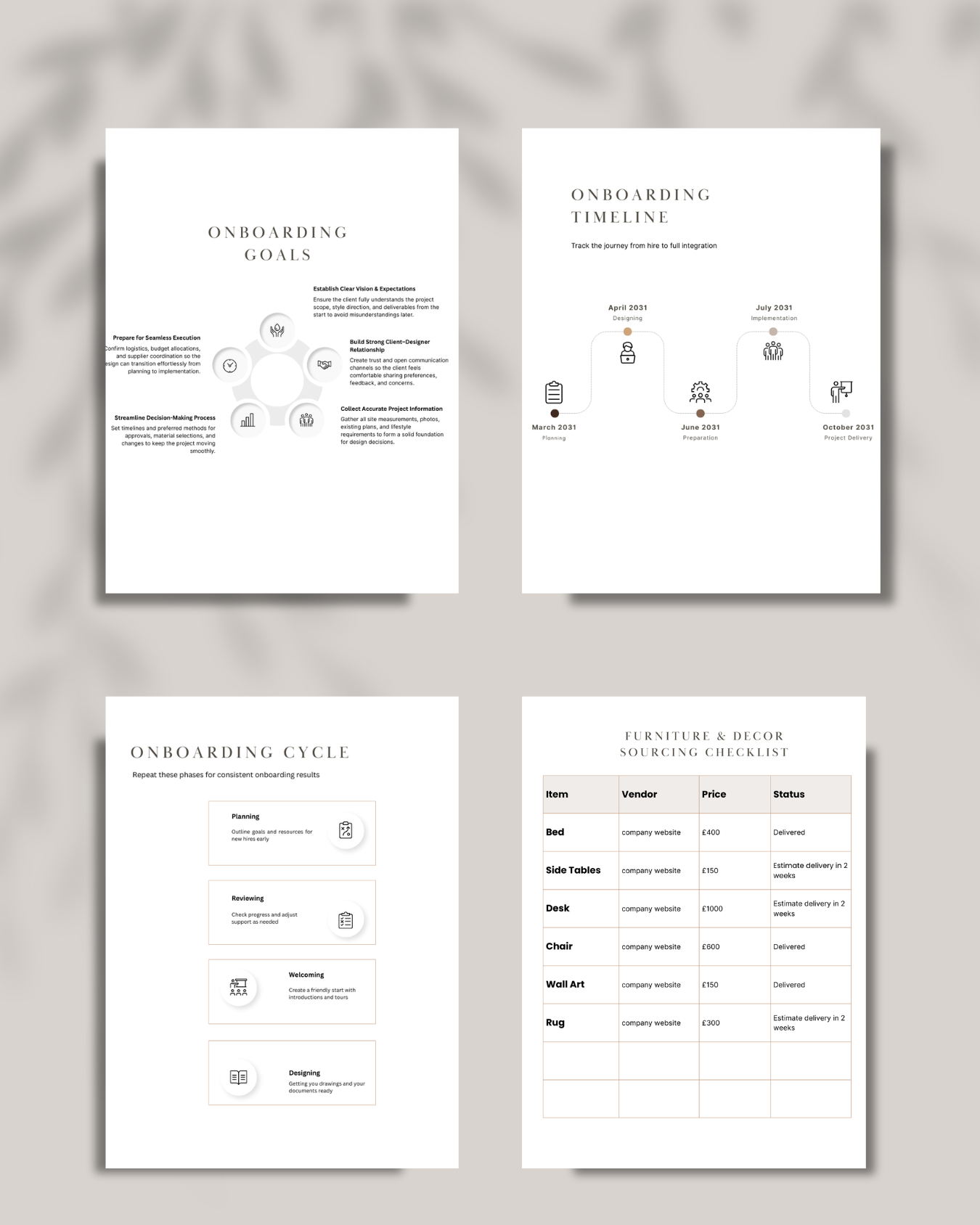 Four printed pages on a gray background, each with text and icons related to onboarding processes.