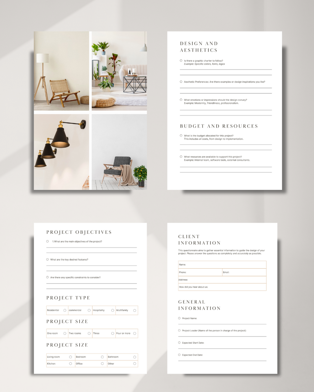 "Professional design questionnaire template preview showing client discovery questions"