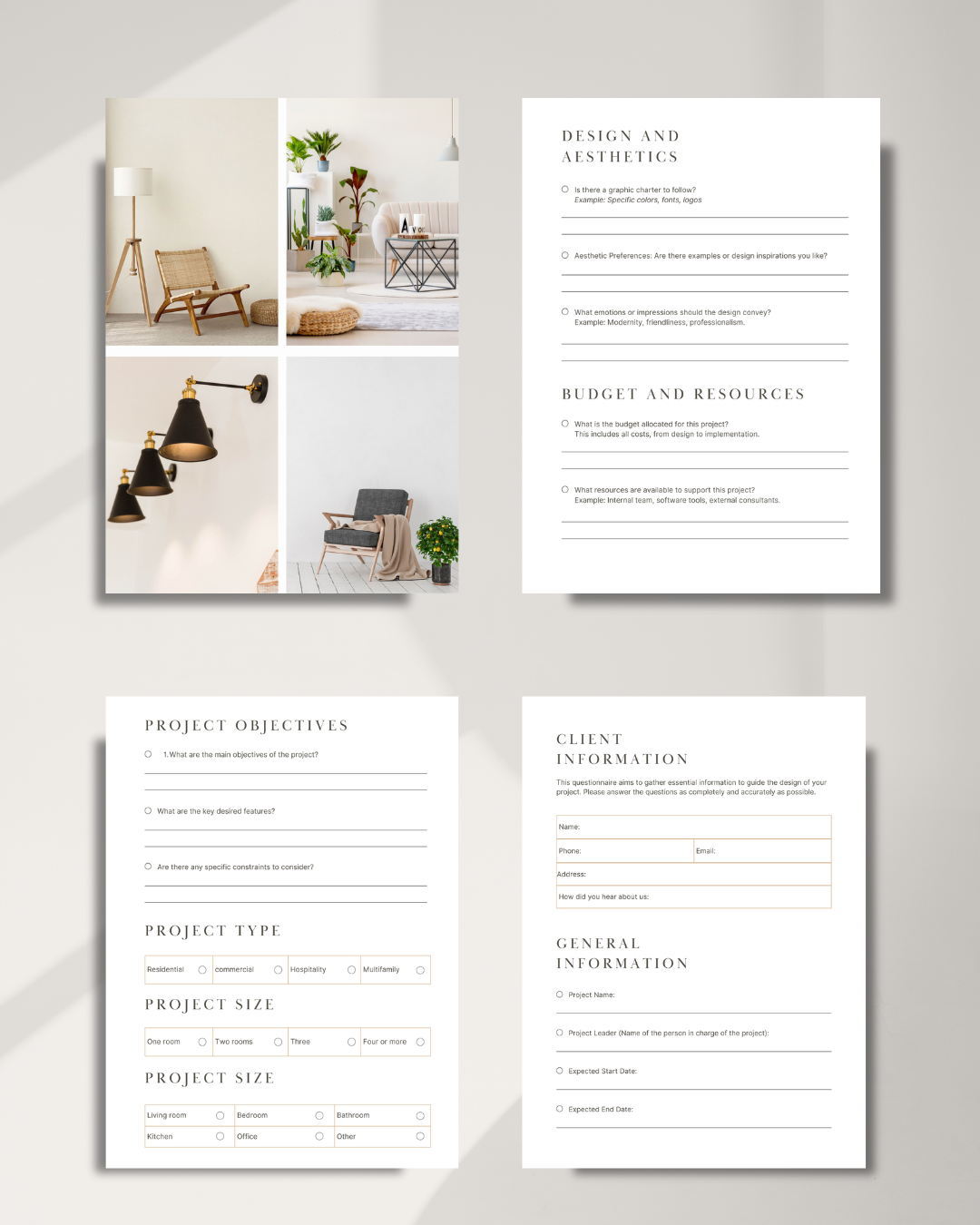 "Professional design questionnaire template preview showing client discovery questions"