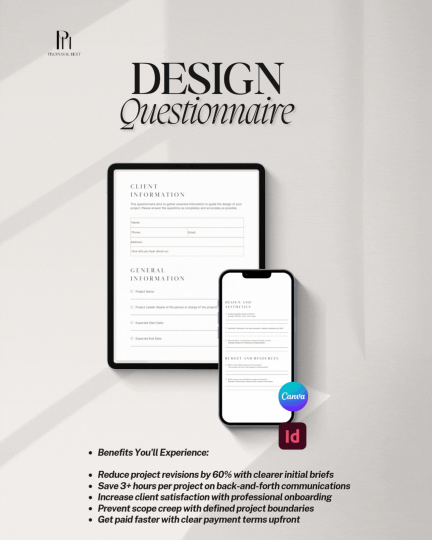  "Professional design questionnaire template preview showing client discovery questions"