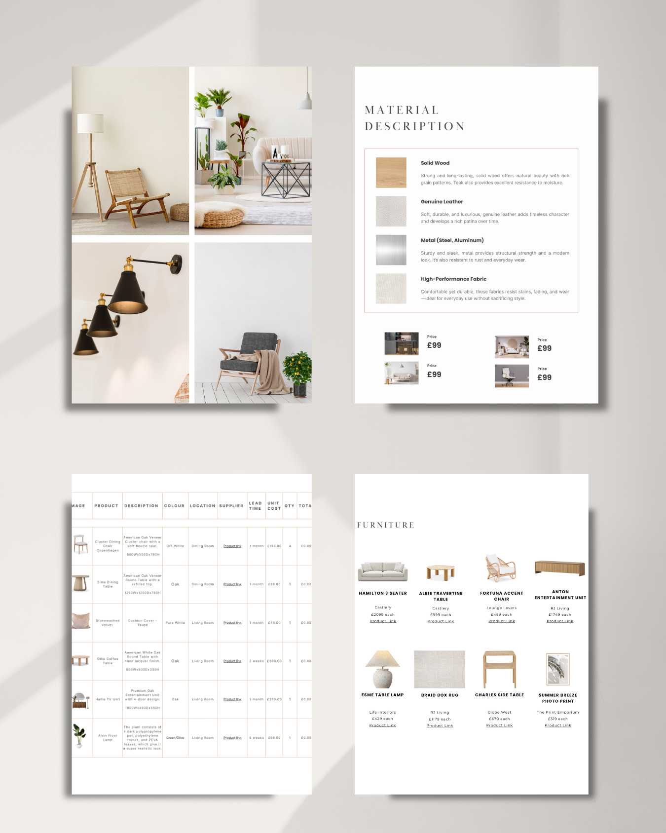 canva template of interior design brochures with furniture and material descriptions on a white background